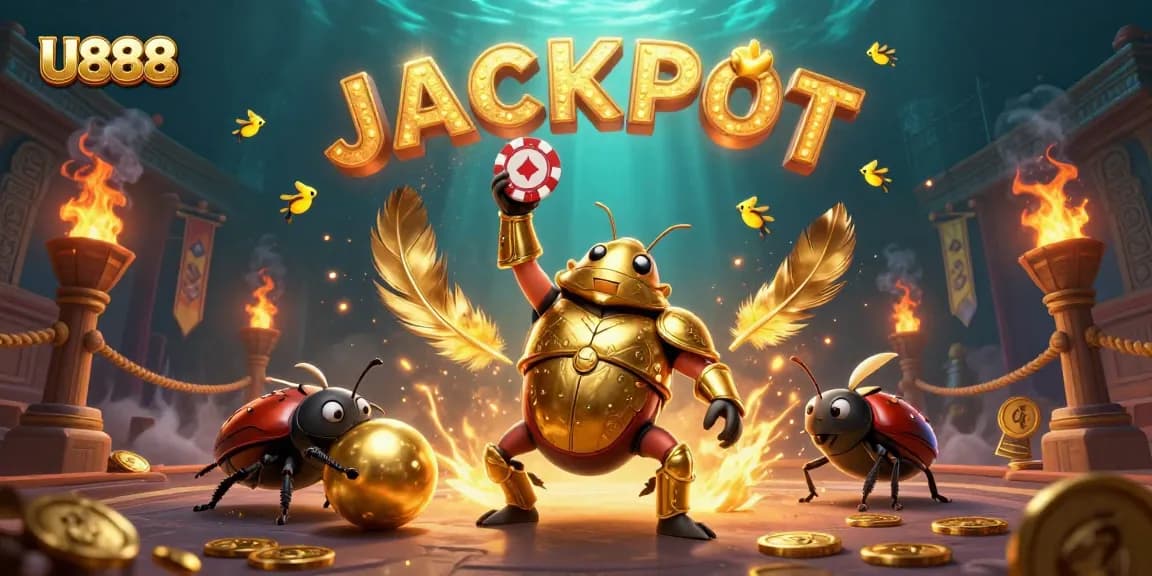 Experience a thrilling U888 victory as a hercules beetle champions a poker chip amidst a vibrant casino setting.