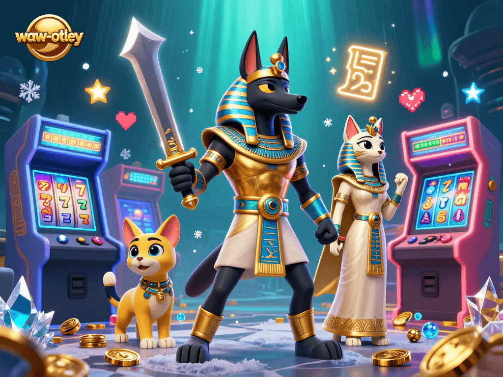 Engage in thrilling gaming at waw-otley featuring ancient Egyptian characters amidst vibrant casino elements.
