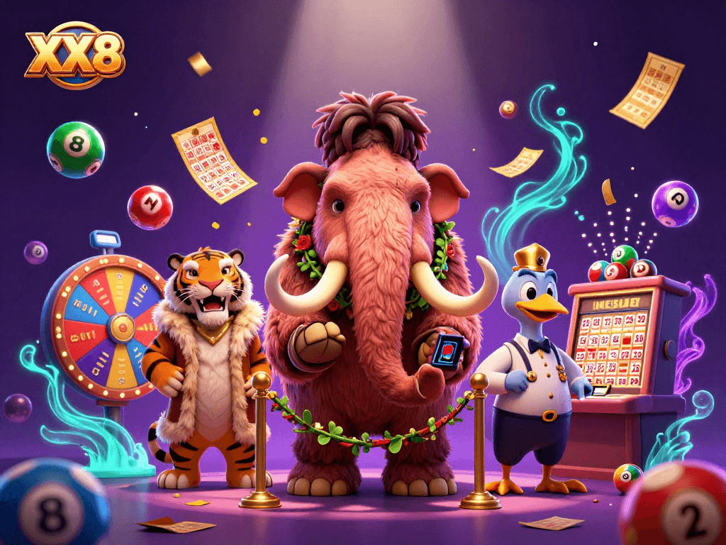 Experience the fun at XX8 with a vibrant scene featuring a woolly mammoth bouncer and colorful lottery elements.