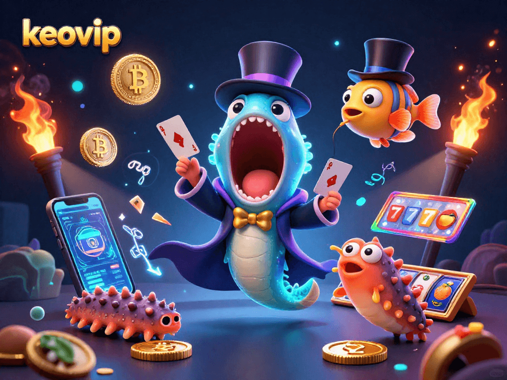 Experience the magic of keovip with a 3D casino scene featuring a bioluminescent eel performing card tricks