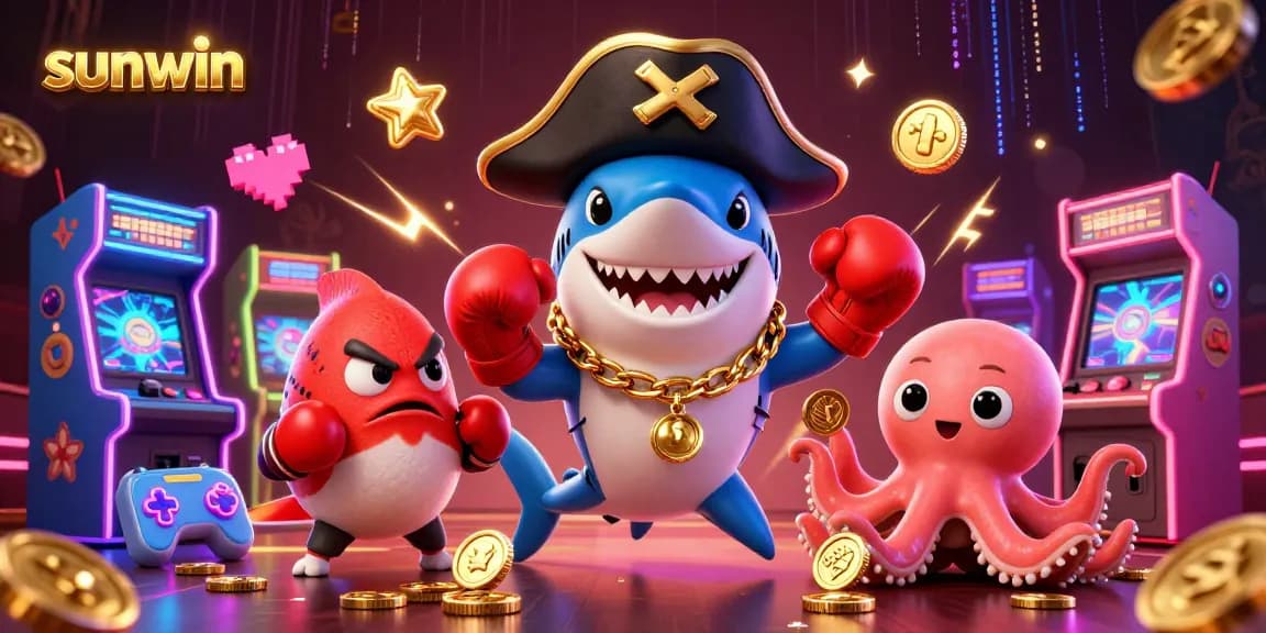 Win big with Sunwin in this vibrant illustration featuring dynamic casino characters and game elements.