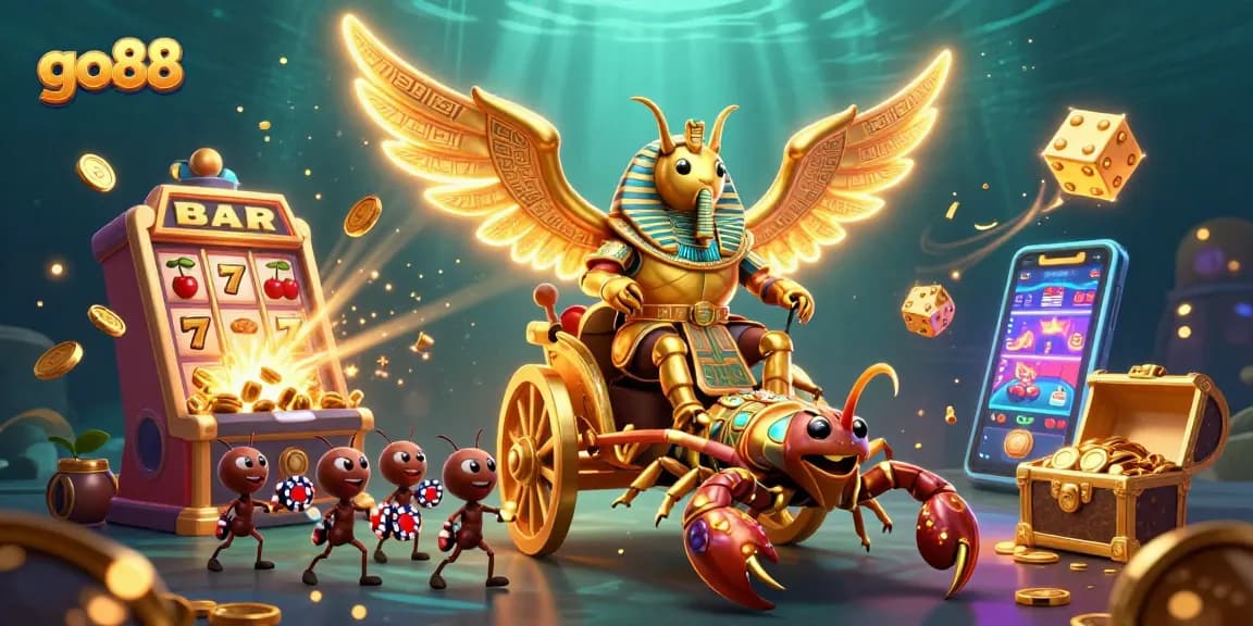 Experience the excitement of go88 with a dynamic casino-themed illustration featuring a golden scarab and dazzling game elements.