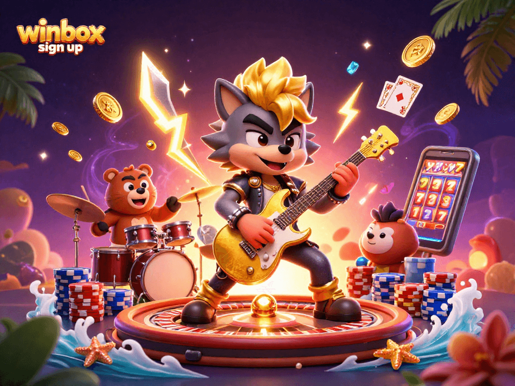 Winbox sign up with a 3D cartoon wolf playing guitar and a bear drummer on a casino stage.