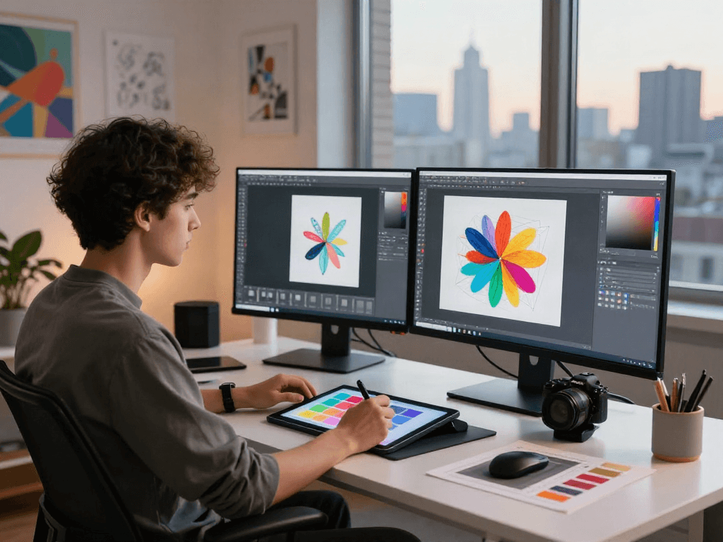 Creating stunning nsfw ai art in a modern digital workspace with vibrant screens and creative tools.