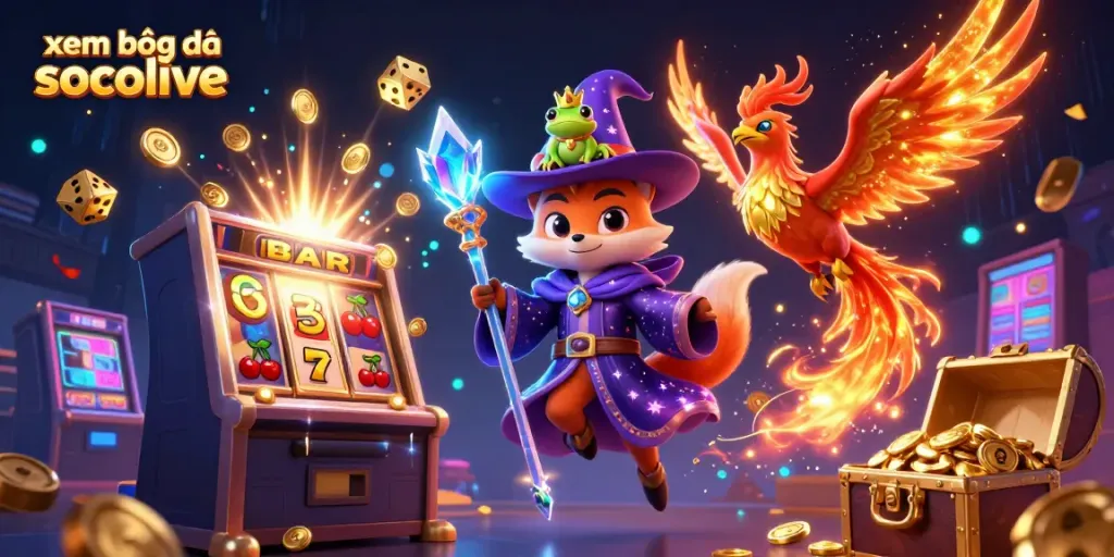 Experience xem bóng đá socolive with immersive illustration featuring enchanting fantasy elements and dynamic casino visuals.
