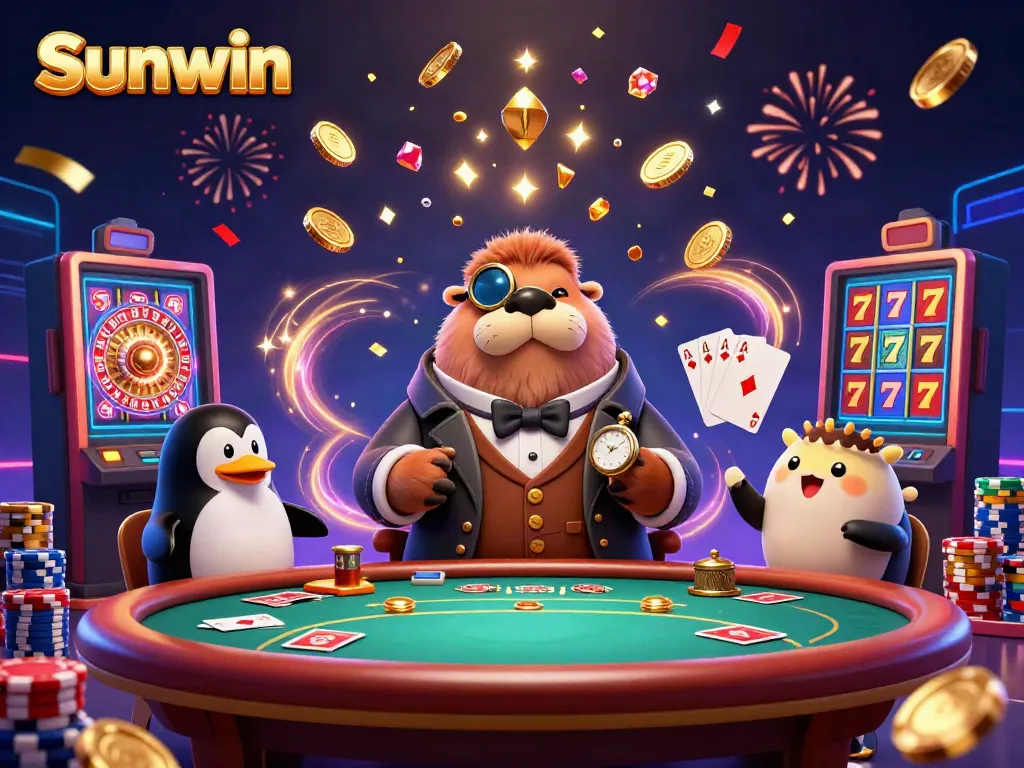 Experience a thrilling Sunwin poker game with vibrant characters and dynamic casino elements.