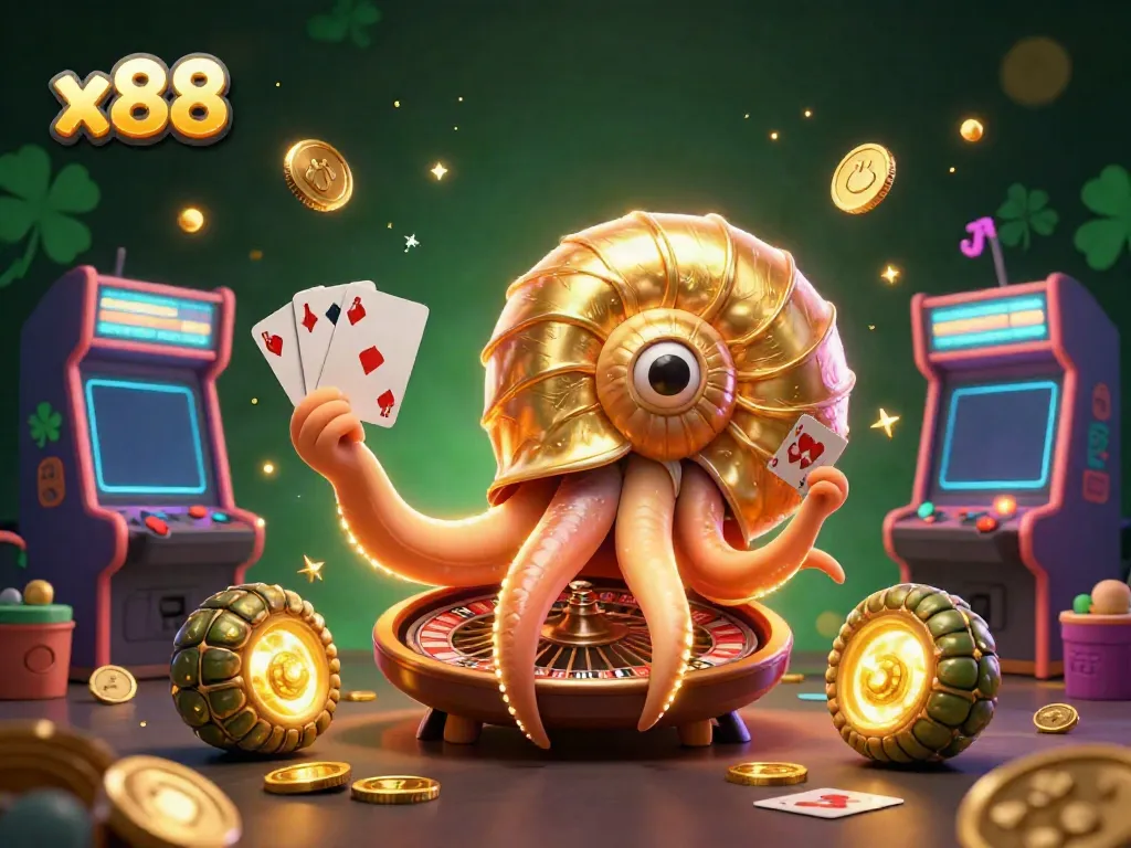 Experience the thrill of x88 gaming with a giant nautilus roulette wheel and colorful elements.