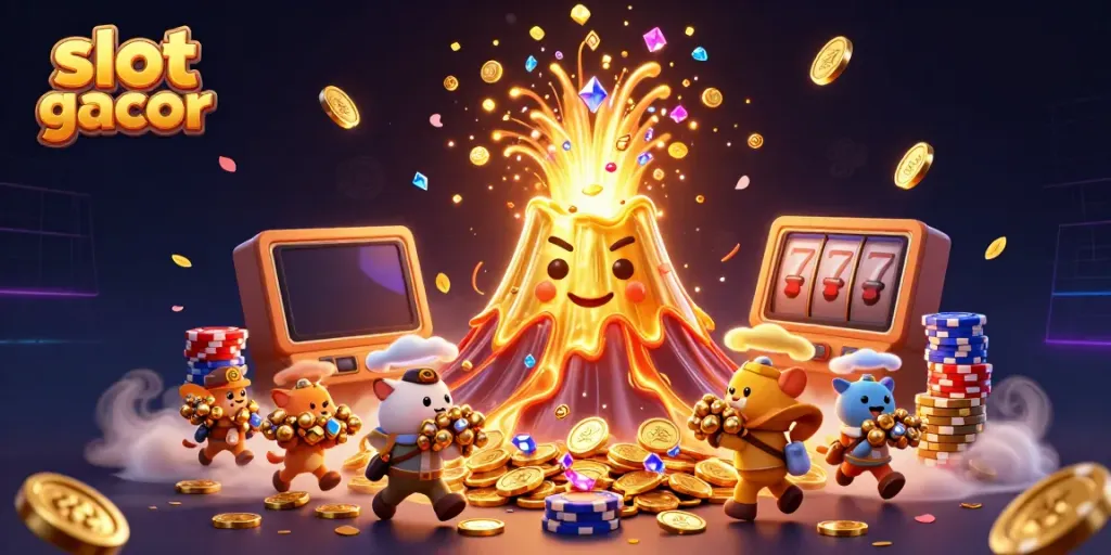 Menangkan slot gacor dengan melihat gambar ilustrasi 3D gunung berapi emas beraksi dalam game.