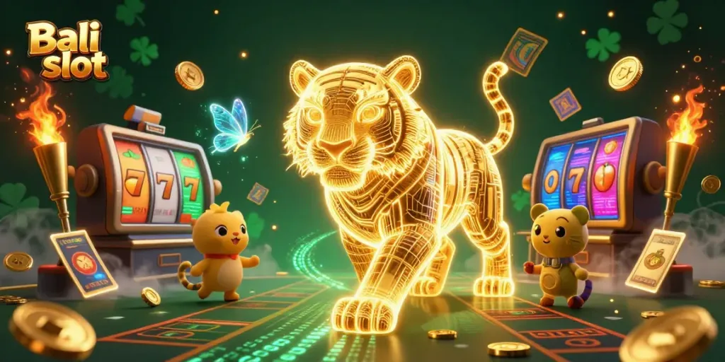Bali slot in an ultra-detailed casino scene with a neon golden tiger, slot reels, and dynamic game elements.