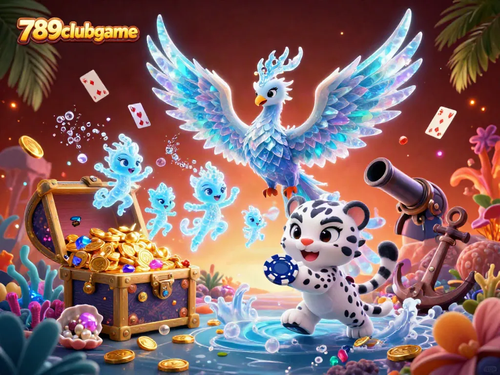 Experience thrilling wins at 789clubgame with a dynamic scene of a majestic phoenix, playful snow leopard, and vibrant gaming elements.
