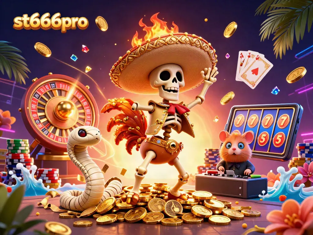 st666pro casino scene featuring a lively 3D mariachi rooster dancing on golden coins with vibrant game elements.
