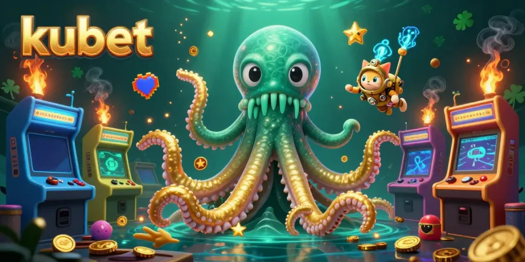 Engage with kubet's thrilling experience featuring a kraken and diving cat in a vibrant casino-themed underwater world.
