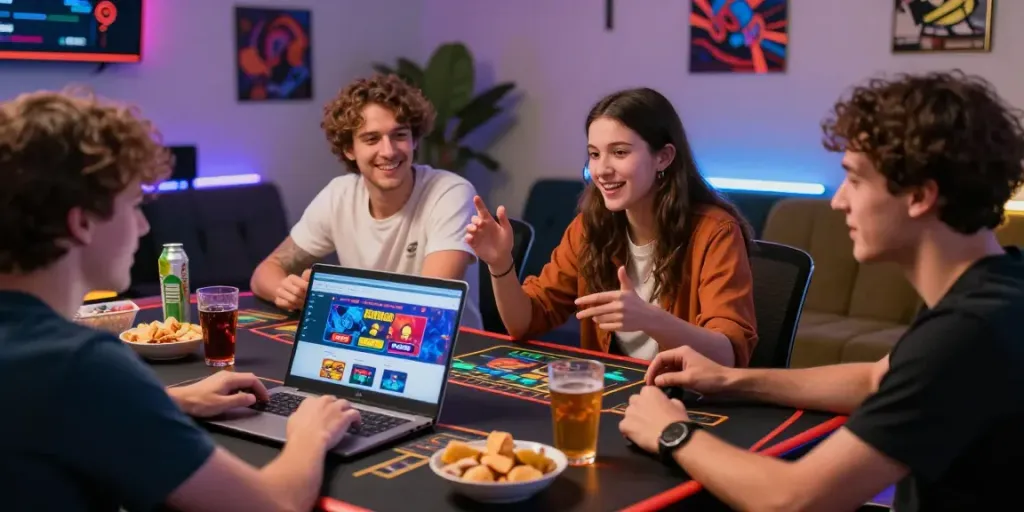 The scene showcases friends enjoying an exciting experience at a uk online casino not on gamstop featuring laptops and gaming snacks.