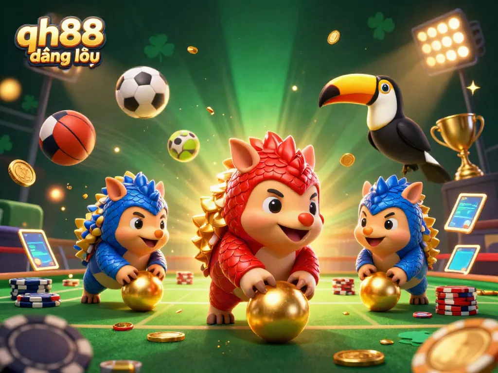 Engage with the dynamic world of qh88 đăng nhập through a playful 3D illustration of pangolins amidst gambling elements.