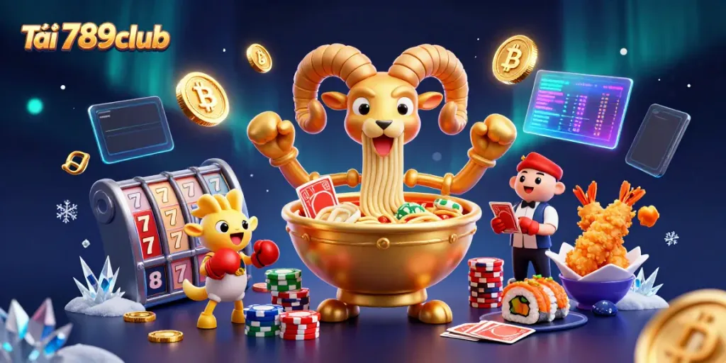 Tải 789club game illustration featuring a giant golden ramen bowl character dealing cards amidst Bitcoin and Ethereum coins, capturing the excitement of online gambling.
