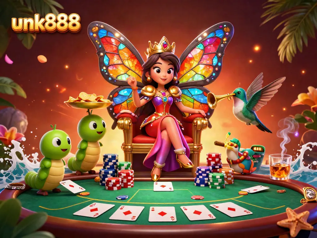 Experience the magic of unk888 in a vibrant butterfly-themed casino scene, showcasing poker elements.