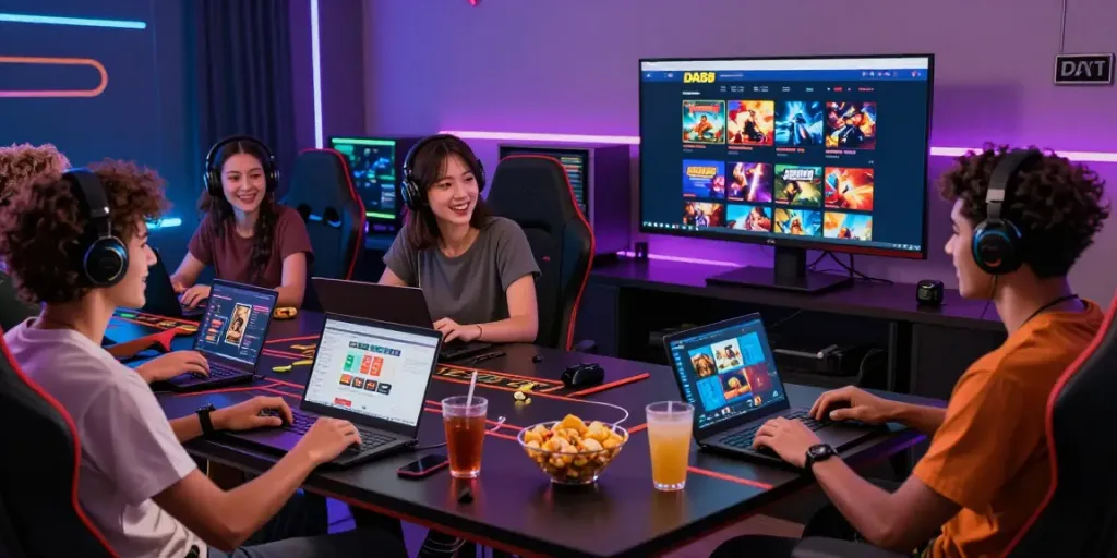 Diverse friends enjoying an online gaming night discussing DA88 betting strategies and casino games.