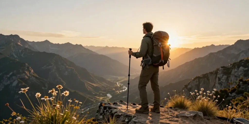 Trekking hacia el Circuito Manaslu mostrando un aventurero en un espectacular mirador al atardecer, rodeado de montañas majestuosas.