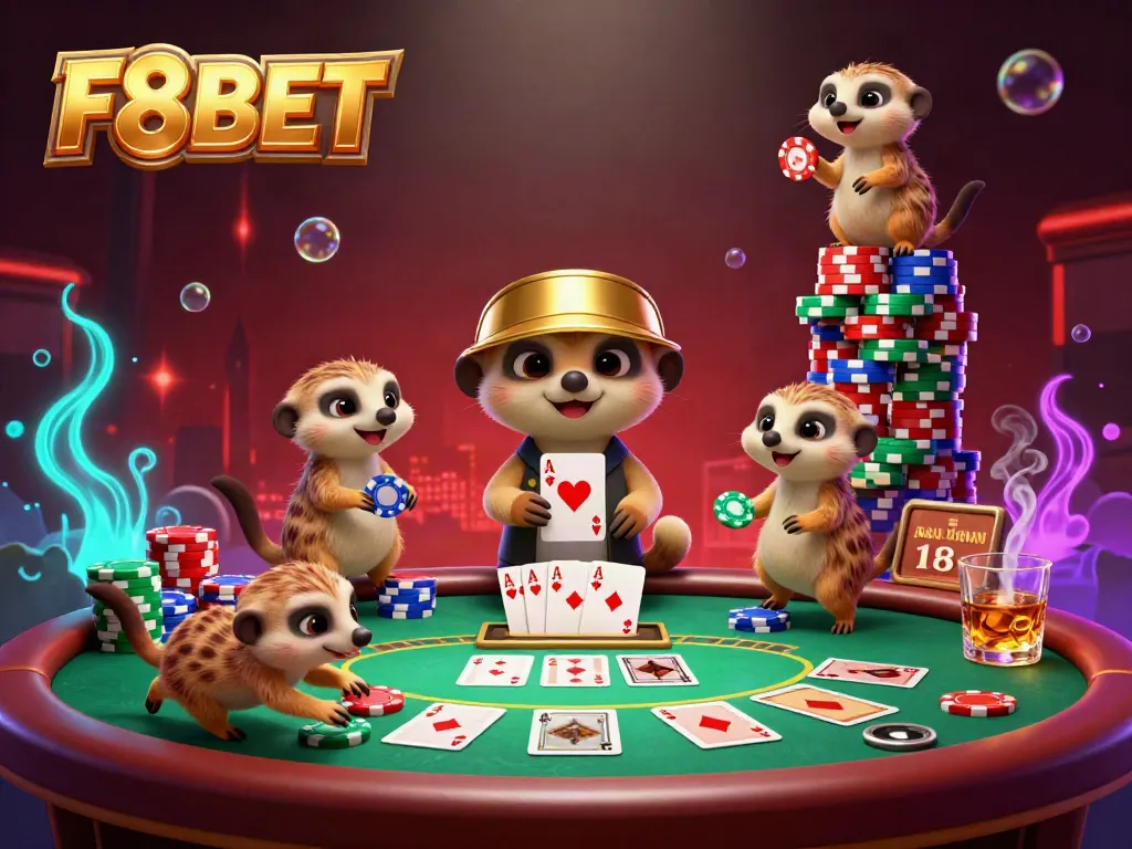 Experience the excitement of F8BET with meerkats running a casino in this vibrant 3D illustration.