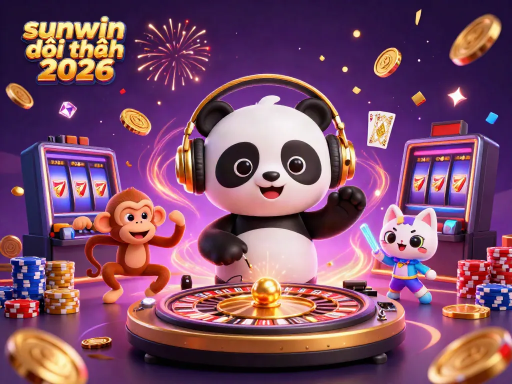 Experience sunwin đổi thưởng 2026 with a vibrant 3D DJ panda, monkey, and kitten in a lively casino celebration.