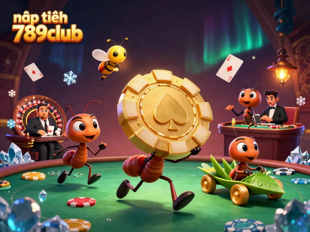 Experience a thrilling heist with ants carrying a giant poker chip in nạp tiền 789club adventure