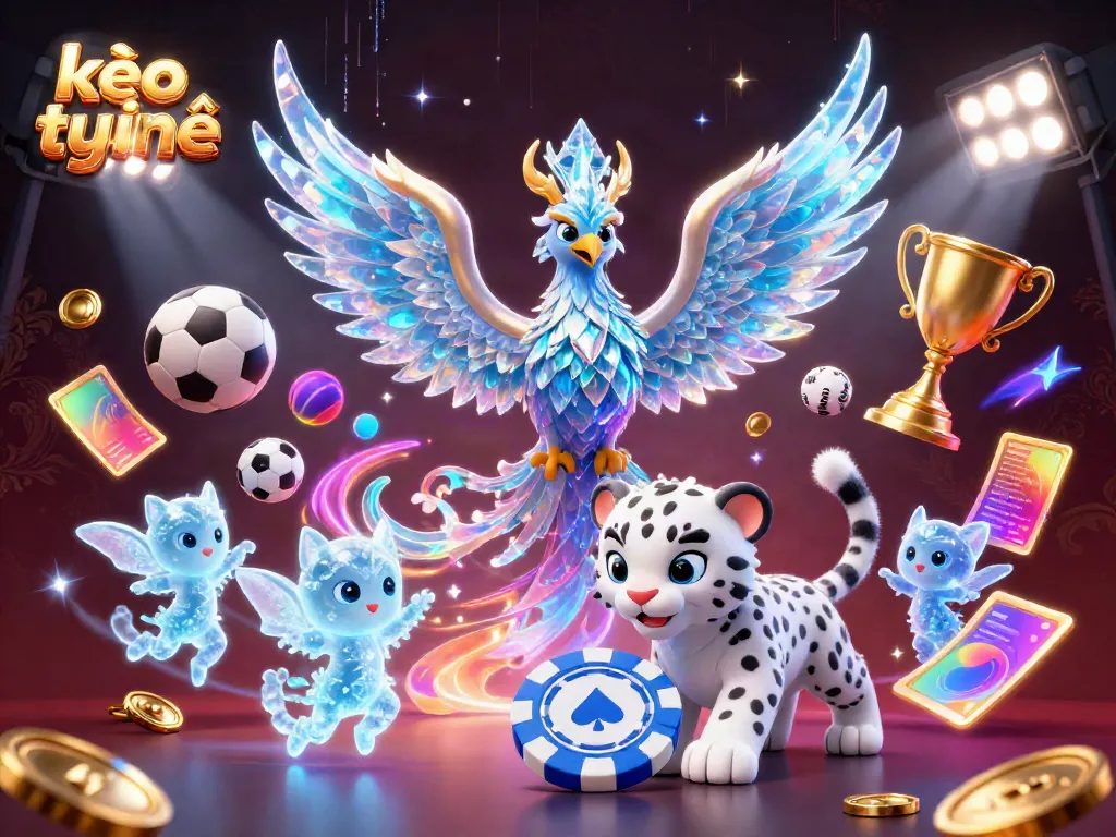 Engage with kèo trực tuyến through a fantasy scene depicting an ice phoenix and a snow leopard celebrating sports bets.