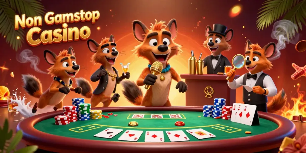 Hyenas create a fun atmosphere at a Non Gamstop Casino comedy club with poker tables and vibrant decorations.