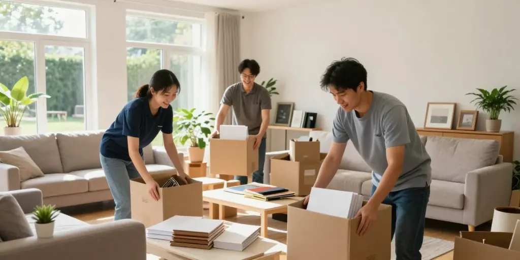 House Clearance Edinburgh team sorting belongings in a bright living room