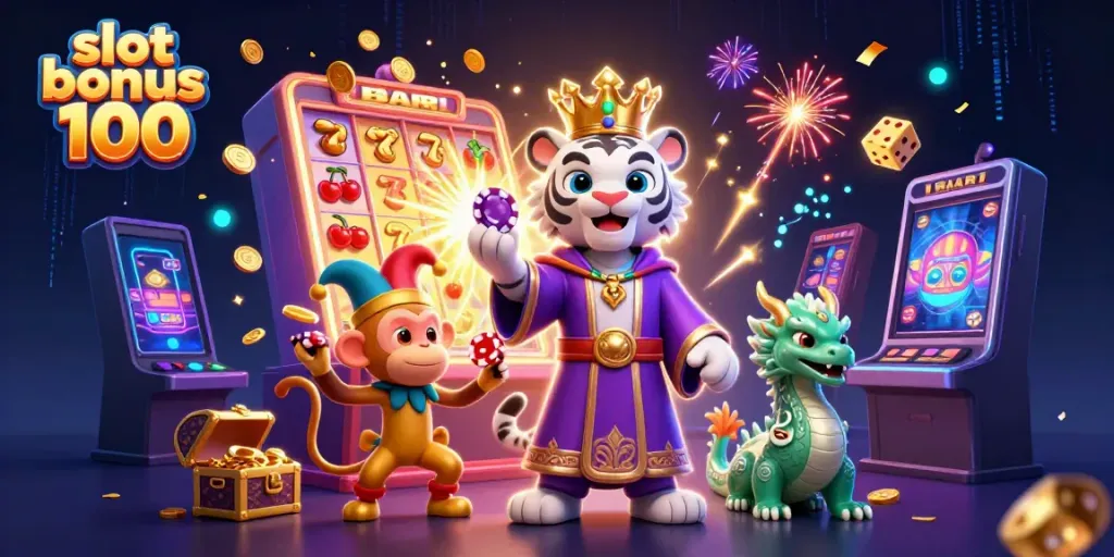 Experience the excitement of 'slot bonus 100' with jackpot explosions and vibrant game symbols in this dynamic casino scene.
