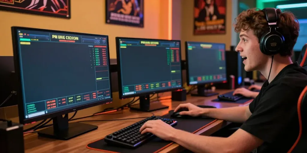 8kbet live sports betting excitement with vibrant screens and engaged player.