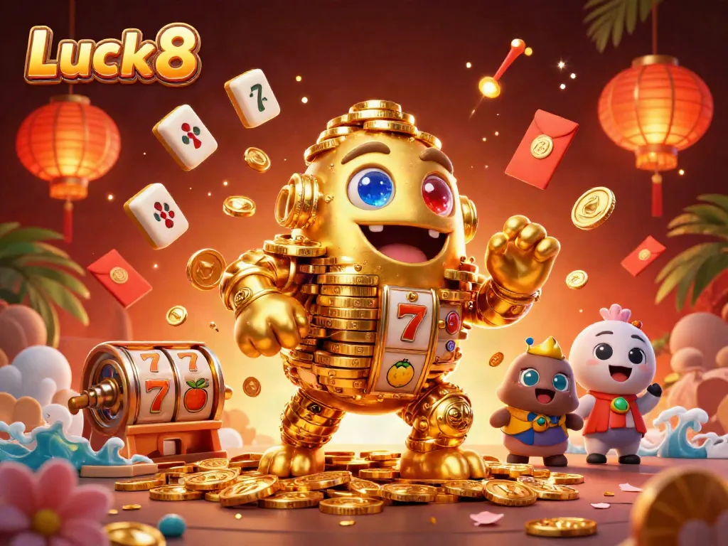 Spin the reels and win big at Luck8 in a vibrant casino scene filled with fortune elements.