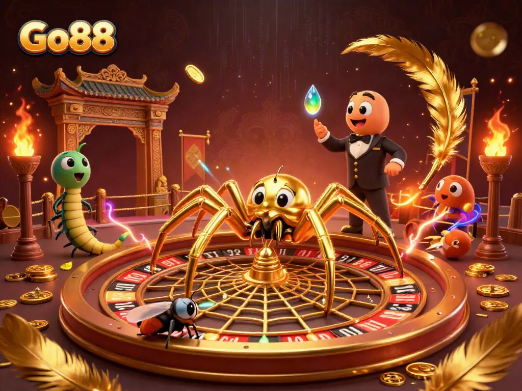 Experience the excitement of Go88 with a dynamic 3D illustration of a golden spider and game elements in a vibrant casino setting.