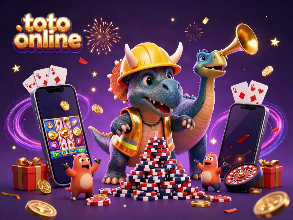 Engage in exciting toto online gaming with a colorful casino illustration featuring playful dinosaurs.
