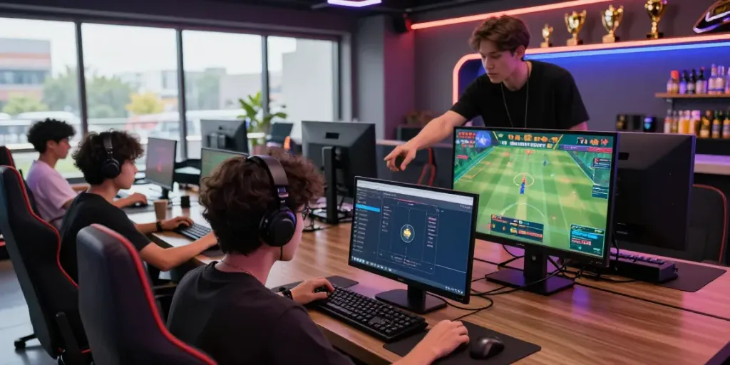 Gamers engaging with devices in a vibrant lounge featuring https://gem88.jpn.com/ as they explore online betting options.