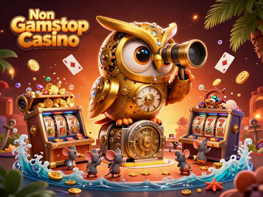 A vibrant 3D scene of a Non Gamstop Casino featuring a golden owl amidst slots and treasure, rich in detail.