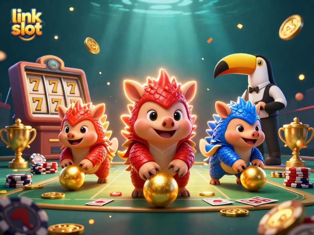 Explore exciting link slot games as cartoon pangolins battle through poker chips and golden trophies.