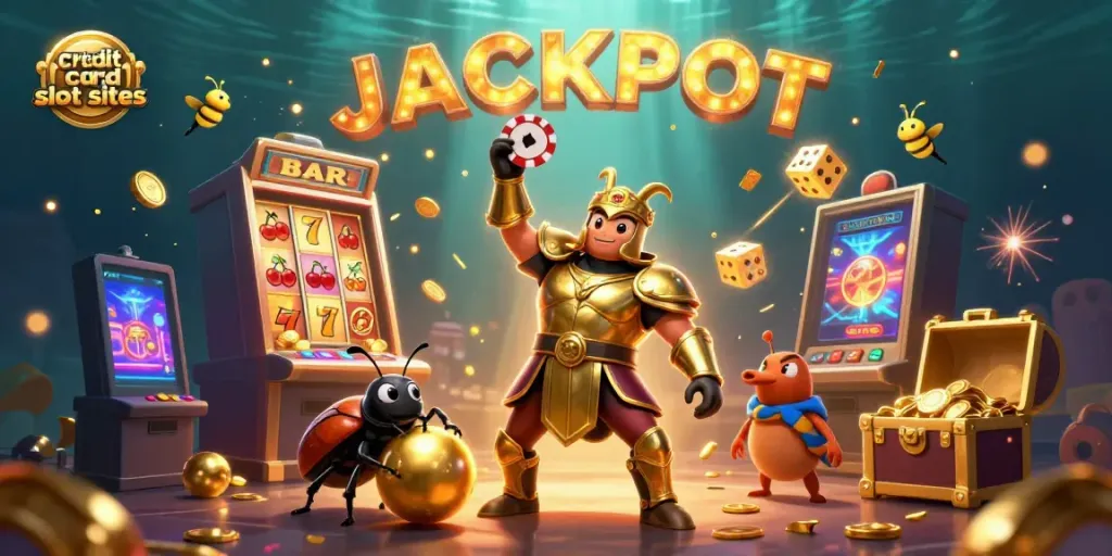 Experience the excitement of credit card slot sites with vibrant 3D characters celebrating a jackpot.