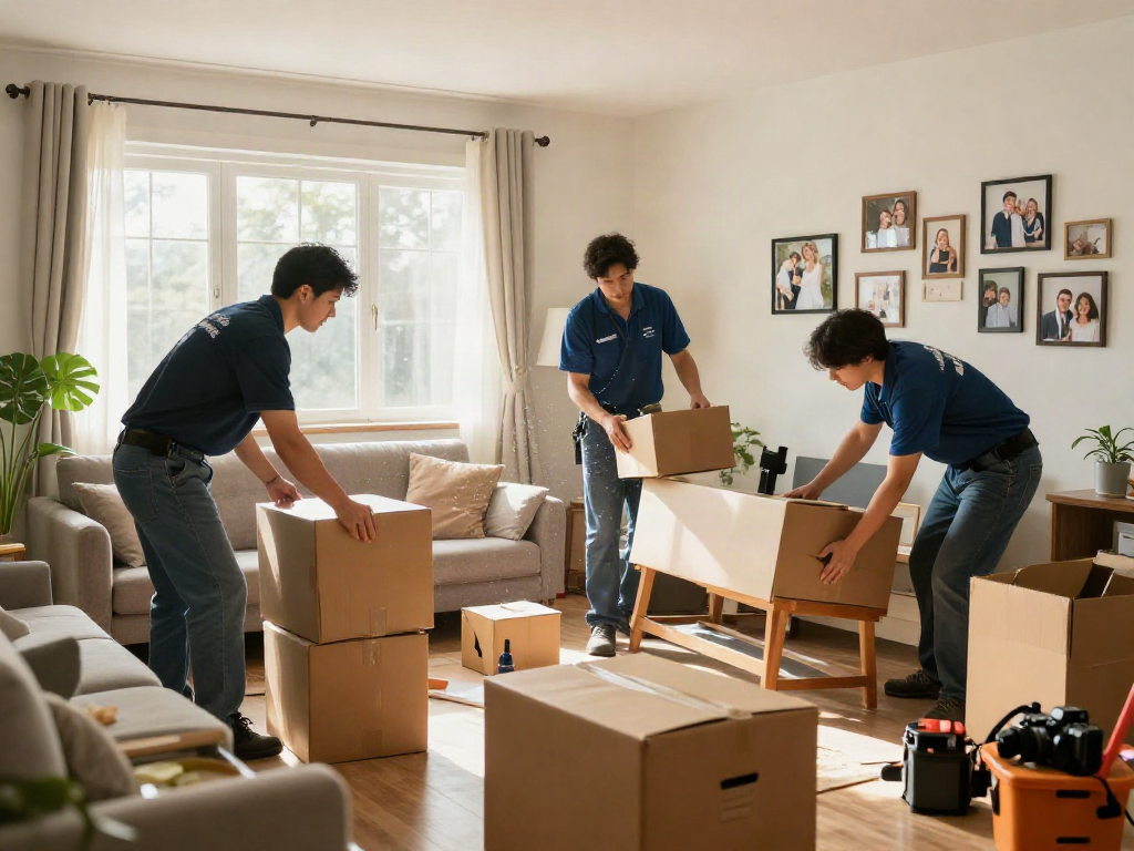 House clearness process in a bright living room with professionals sorting items and packing boxes.