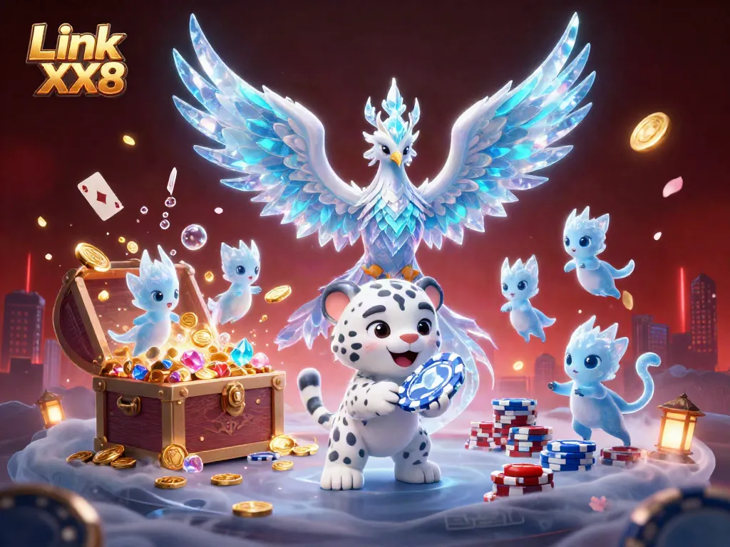 Engage with Link XX8 featuring a cartoon ice phoenix, snow leopard, and poker elements in a dazzling casino scene.