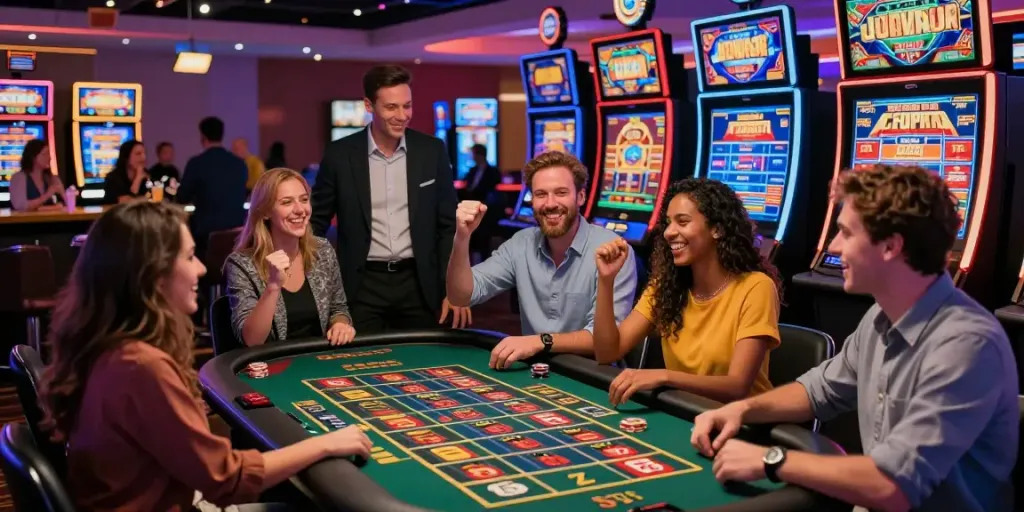 Exciting scene of players celebrating a win at a lively online casino not on GamStop.