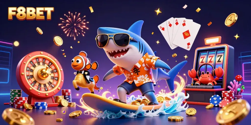 Experience the excitement at F8BET casino with colorful 3D characters and gaming elements.