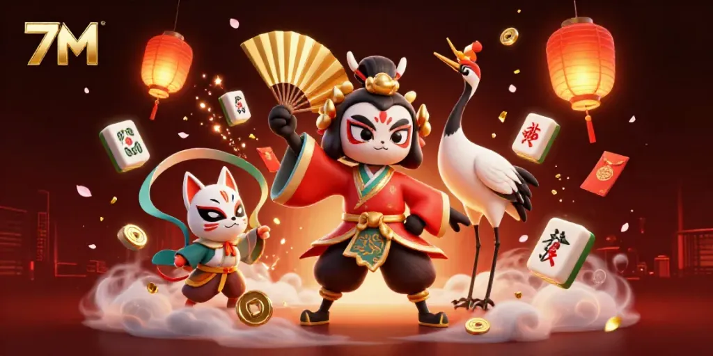 Engage with 7M in a vibrant 3D world, illuminated by red and gold lanterns, as dynamic gaming elements surround the kabuki warrior.