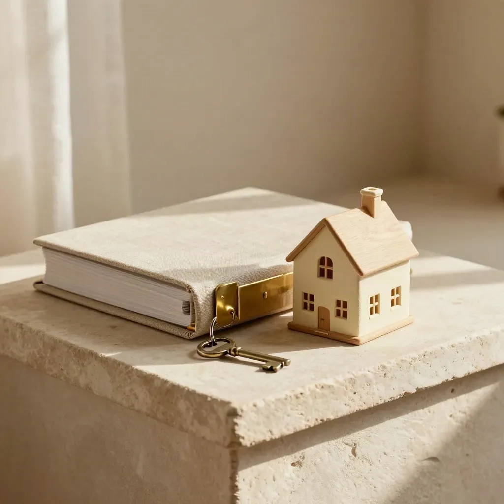 Miniature house, estate binder, brass divider and heirloom key on a stone ledge