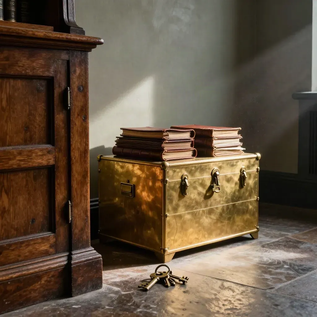 Brass archive chest, oak cabinets, leather portfolios and keys in moody trust office light
