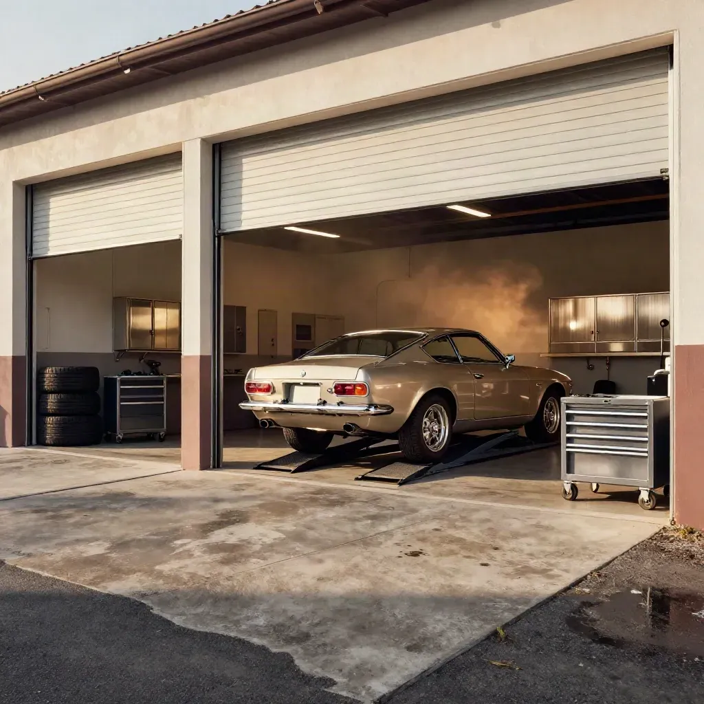 Open garage bays with a classic car on a ramp, tool chest, and drifting engine haze
