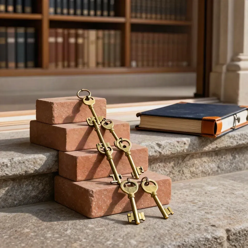 Brass keys step up stone blocks beside closed binders in a hazy archive scene.