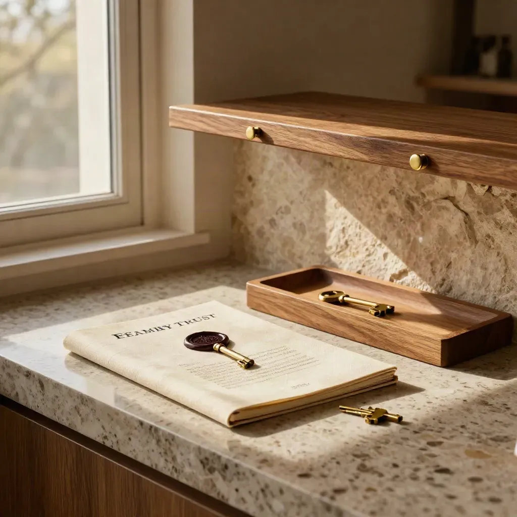 Brass keys and a deed portfolio beside a neat oak shelf on a travertine ledge