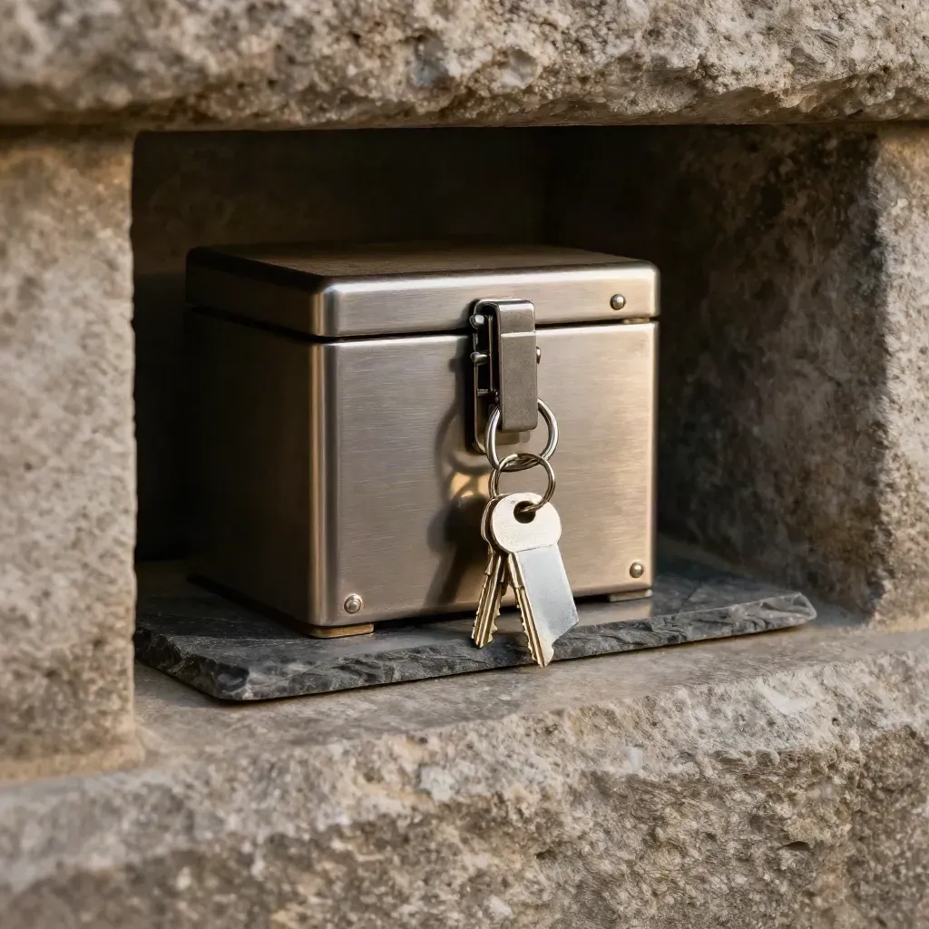 Vault niche with lockbox, keys, and metal asset tags in dramatic shadow