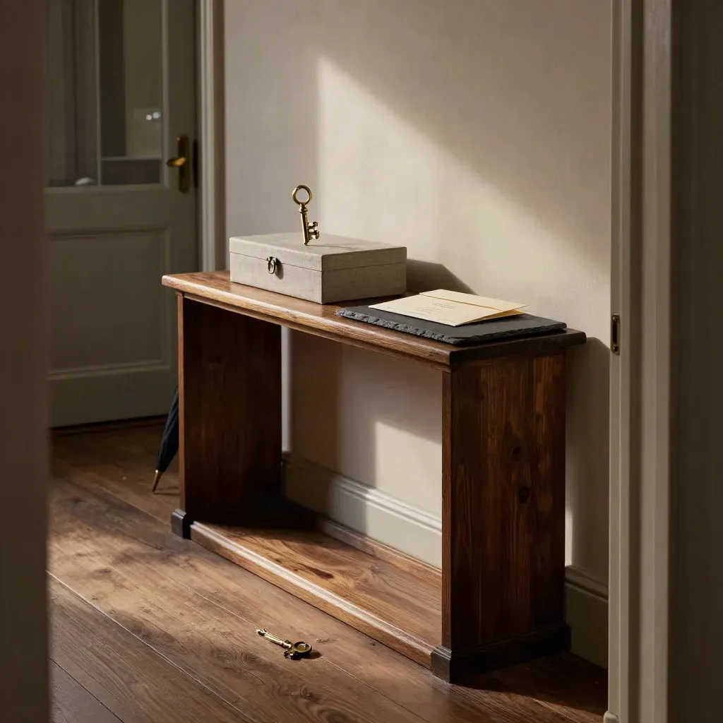 Empty front hall console with brass key, estate box and sealed envelope in warm dusk light.
