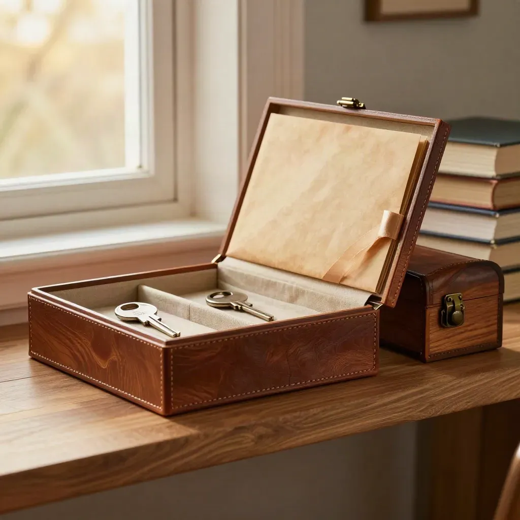 Keepsake box, keys, folder and house chest on a warm shelf in soft window light.